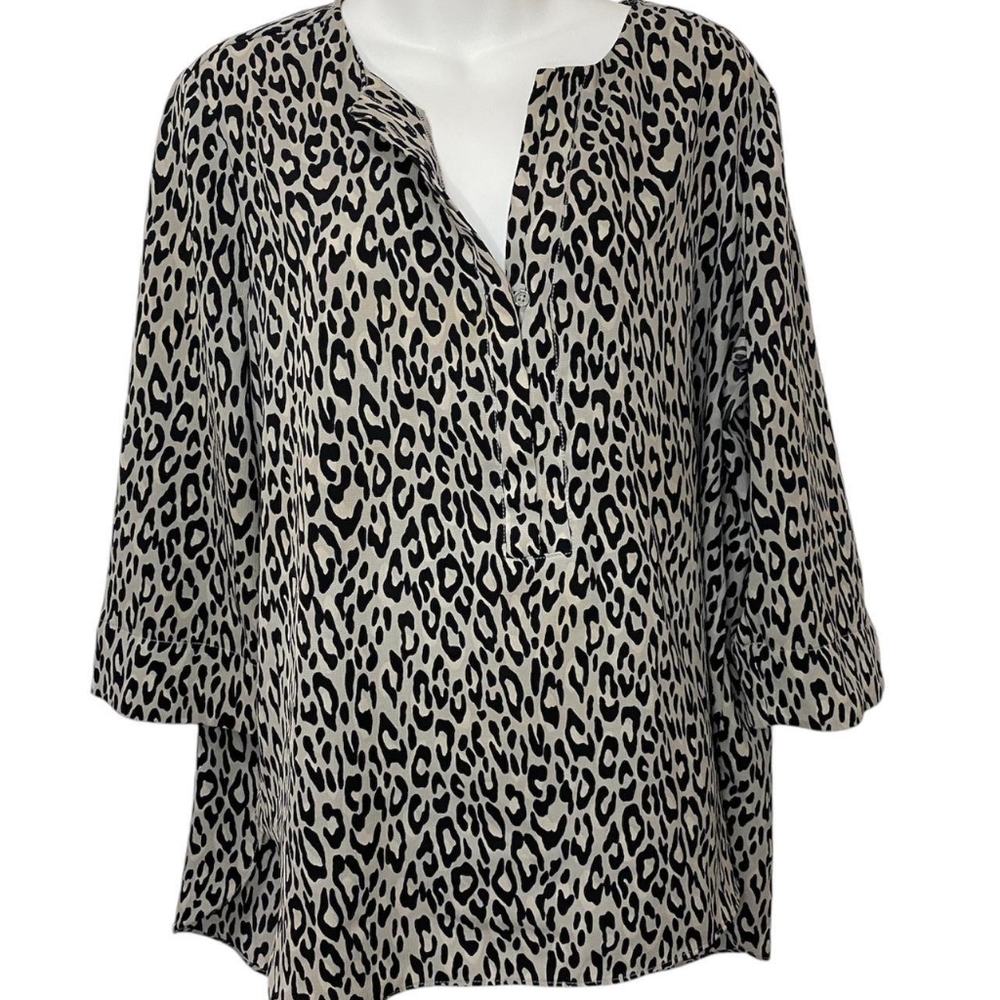 Popover blouse, 3/4 sleeve, V splitneck, easycare sz: M white/black Dana Buchman